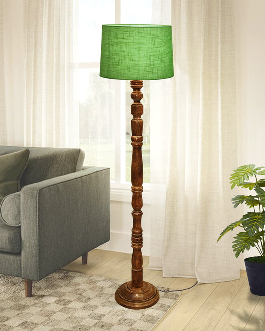 Rustic Wood Floor Lamp in Walnut Brown with Multicolor Fabric Lamp Shade | Light Decoration for Home Corner | Living Room & Bedroom Bedside Floor Lamp, Antique Floor Light, Candlestick , Bird