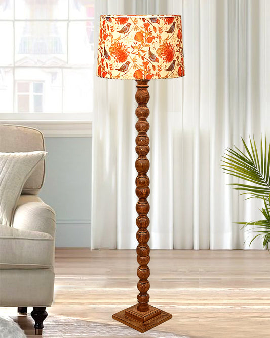 Rustic Wood Floor Lamp in Walnut Brown with Multicolor Fabric Lamp Shade | Light Decoration for Home Corner | Living Room & Bedroom Bedside Floor Lamp, Antique Floor Light, Sweetie Round, Bird