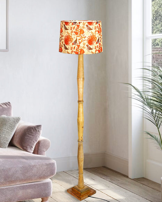 Rustic Wood Floor Lamp in Walnut Brown with Multicolor Fabric Lamp Shade | Light Decoration for Home Corner | Living Room & Bedroom Bedside Floor Lamp, Antique Floor Light, Fanny Figure, Bird