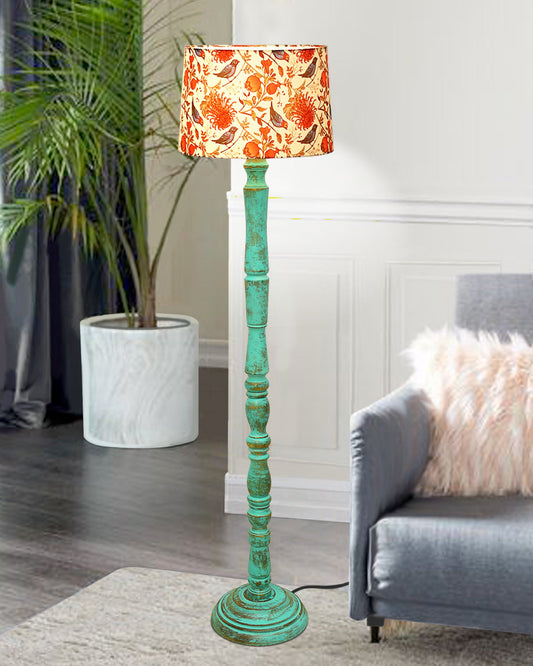 Rustic Wood Floor Lamp in Walnut Brown with Multicolor Fabric Lamp Shade | Light Decoration for Home Corner | Living Room & Bedroom Bedside Floor Lamp, Antique Floor Light, Algae Stick, Bird