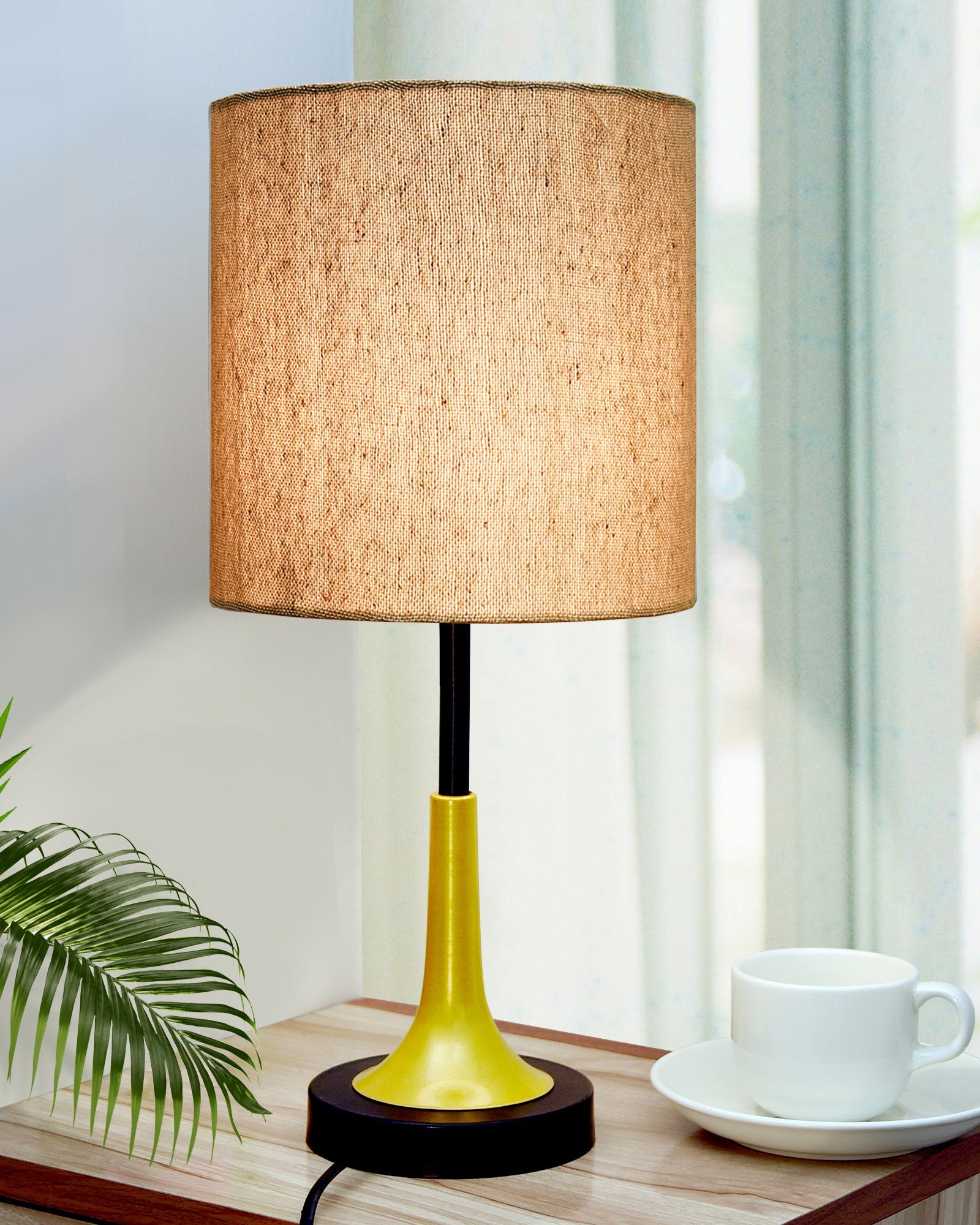 Rustic Farmhouse Metal Table Lamp Fabric Shade for Bedroom Living Room House Home Bedside Nightstand Office Family, Dual Color Trumpet Bell, Jute Cone
