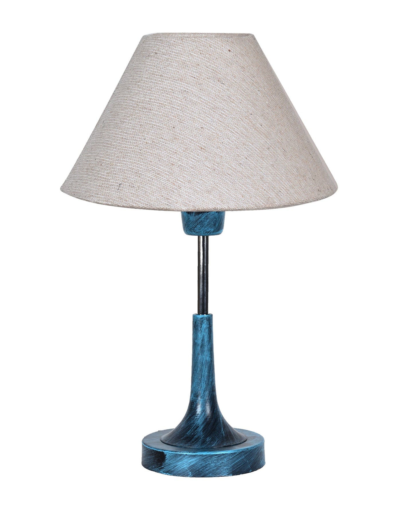 Rustic Farmhouse Metal Table Lamp Fabric Shade for Bedroom Living Room House Home Bedside Nightstand Office Family, Antique Blue Trumpet Bell, Jute Cone