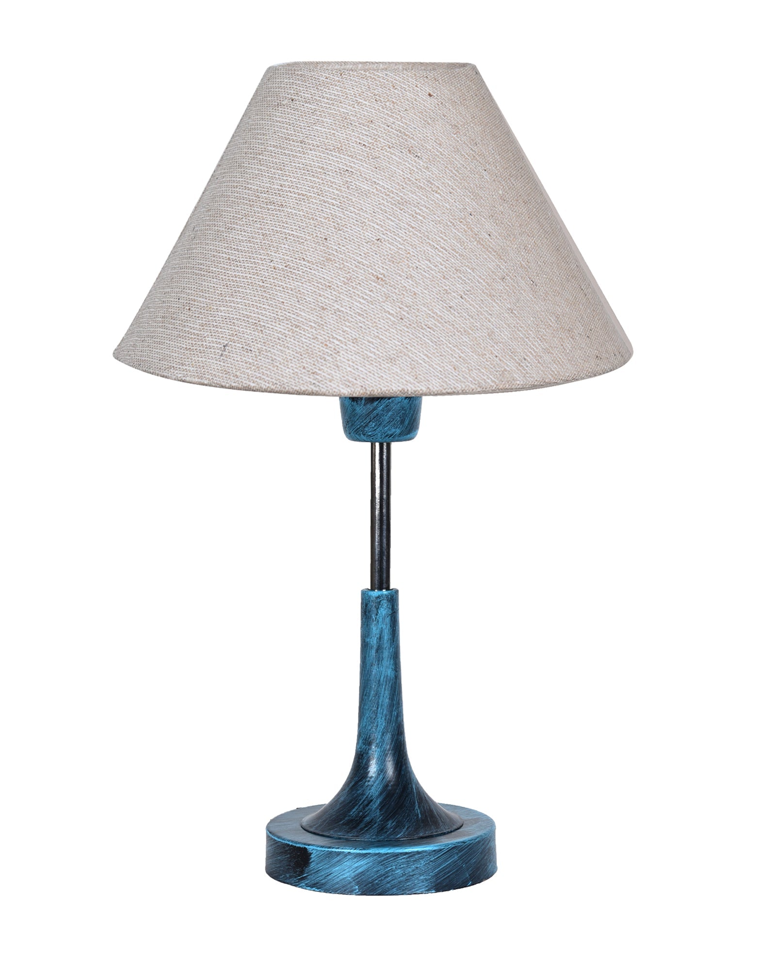 Rustic Farmhouse Metal Table Lamp Fabric Shade for Bedroom Living Room House Home Bedside Nightstand Office Family, Antique Blue Trumpet Bell, Jute Cone