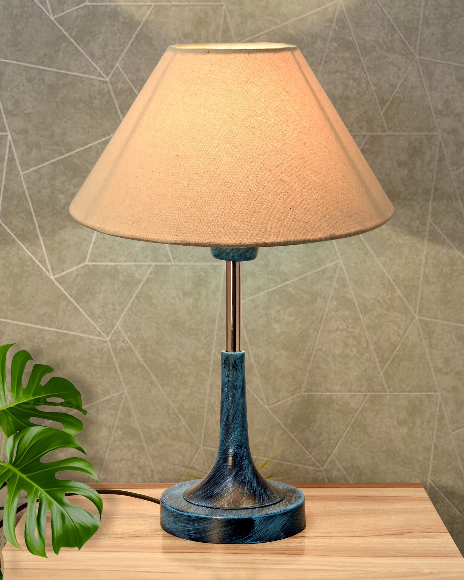 Rustic Farmhouse Metal Table Lamp Fabric Shade for Bedroom Living Room House Home Bedside Nightstand Office Family, Antique Blue Trumpet Bell, Jute Cone