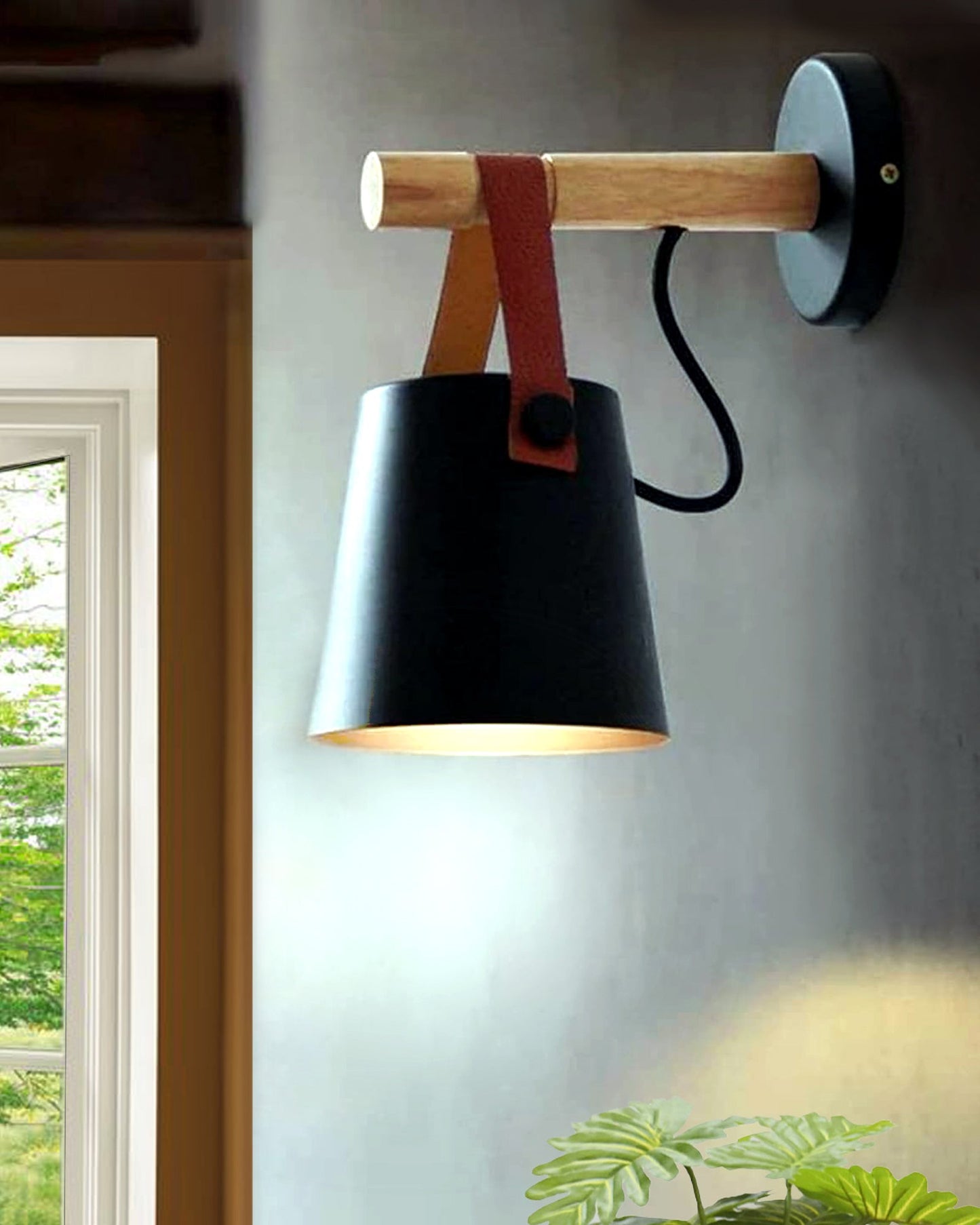 Nordic Wall Sconce Lamp Wooden Lighting Fixture E27 Metal Lampshade Leather Belt Decorative Wall Light for Home Bedroom Bedside Aisle Restaurant, Black