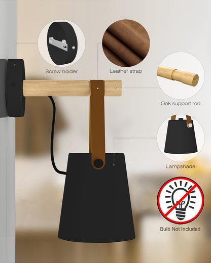 Nordic Wall Sconce Lamp Wooden Lighting Fixture E27 Metal Lampshade Leather Belt Decorative Wall Light for Home Bedroom Bedside Aisle Restaurant, Black