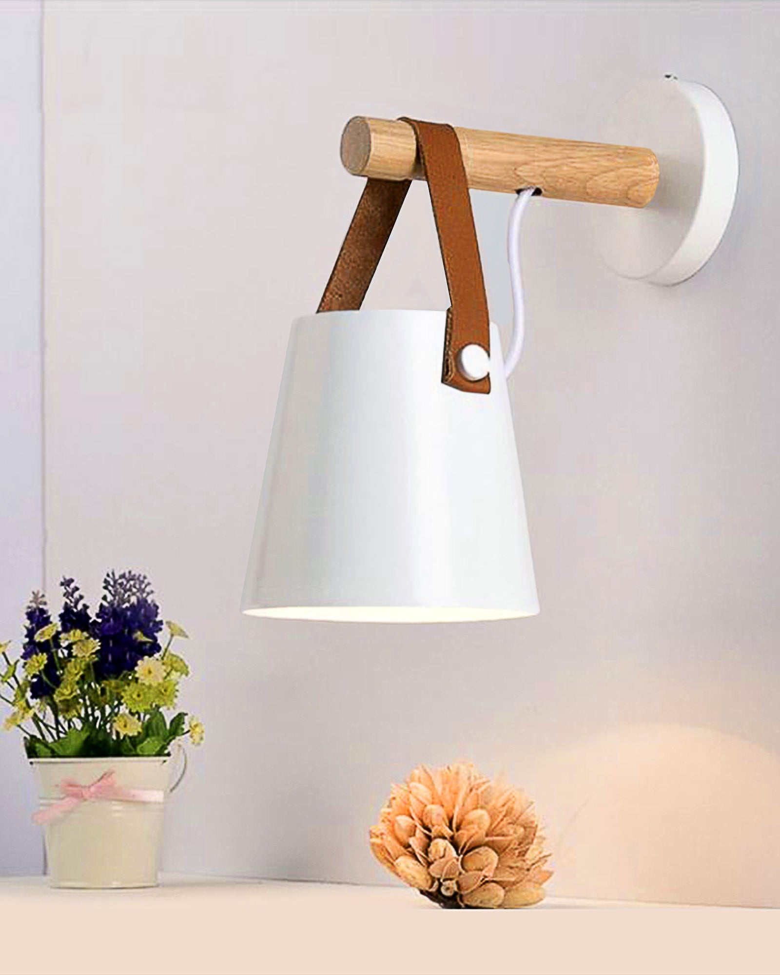 Nordic Wall Sconce Lamp Wooden Lighting Fixture E27 Metal Lampshade Leather Belt Decorative Wall Light for Home Bedroom Bedside Aisle Restaurant, Black