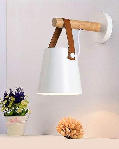 Nordic Wall Sconce Lamp Wooden Lighting Fixture E27 Metal Lampshade Leather Belt Decorative Wall Light for Home Bedroom Bedside Aisle Restaurant, Black