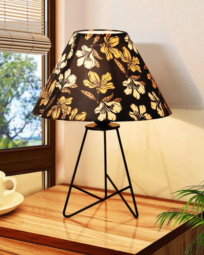 Retro Matt Black Down to the Wire Metal Table Lamp with Fabric Shade, Bedside Lamp Gift Housewarming Home Living Room, Iris Cone Shade