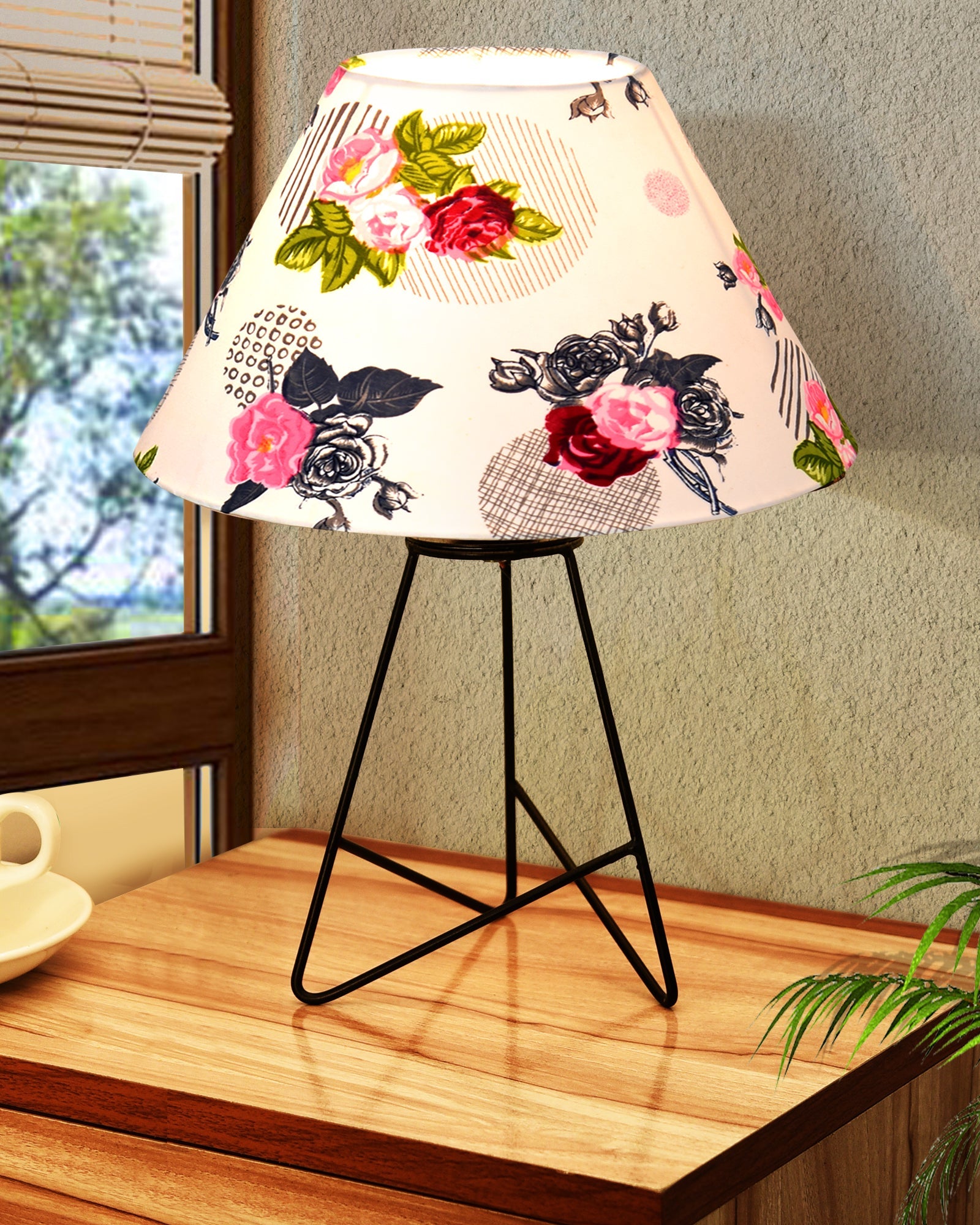 Retro Matt Black Down to the Wire Metal Table Lamp with Fabric Shade, Bedside Lamp Gift Housewarming Home Living Room, Iris Cone Shade