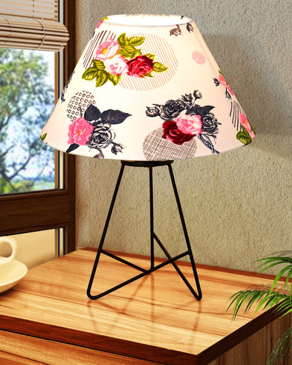 Retro Matt Black Down to the Wire Metal Table Lamp with Fabric Shade, Bedside Lamp Gift Housewarming Home Living Room, Iris Cone Shade