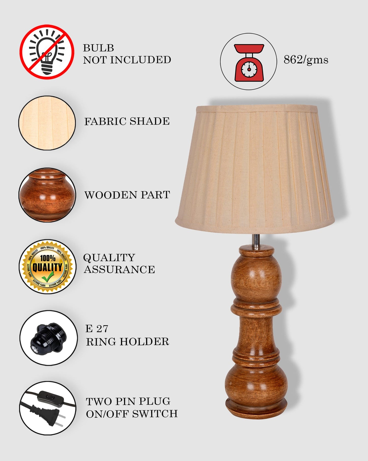 Chess Decorative Bedside Table Desk Lamp Linen Frilled Shade for Décor, Accent Light, Gameroom, Kids', Living Room, Bedroom, Handmade Wooden, Bishop