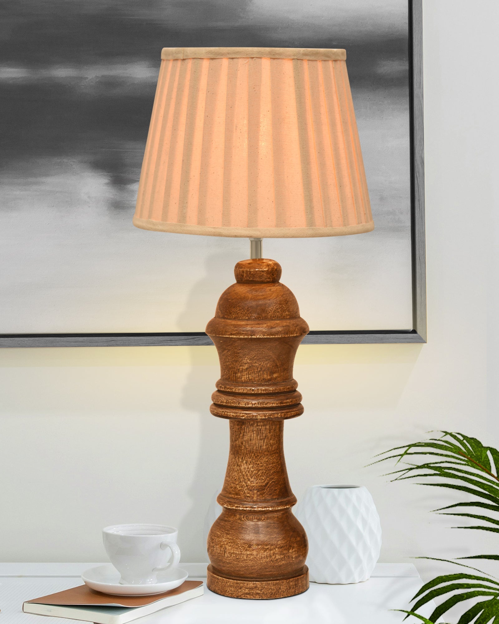 Chess Decorative Bedside Table Desk Lamp Linen Frilled Shade for Décor, Accent Light, Gameroom, Kids', Living Room, Bedroom, Handmade Wooden, Bishop
