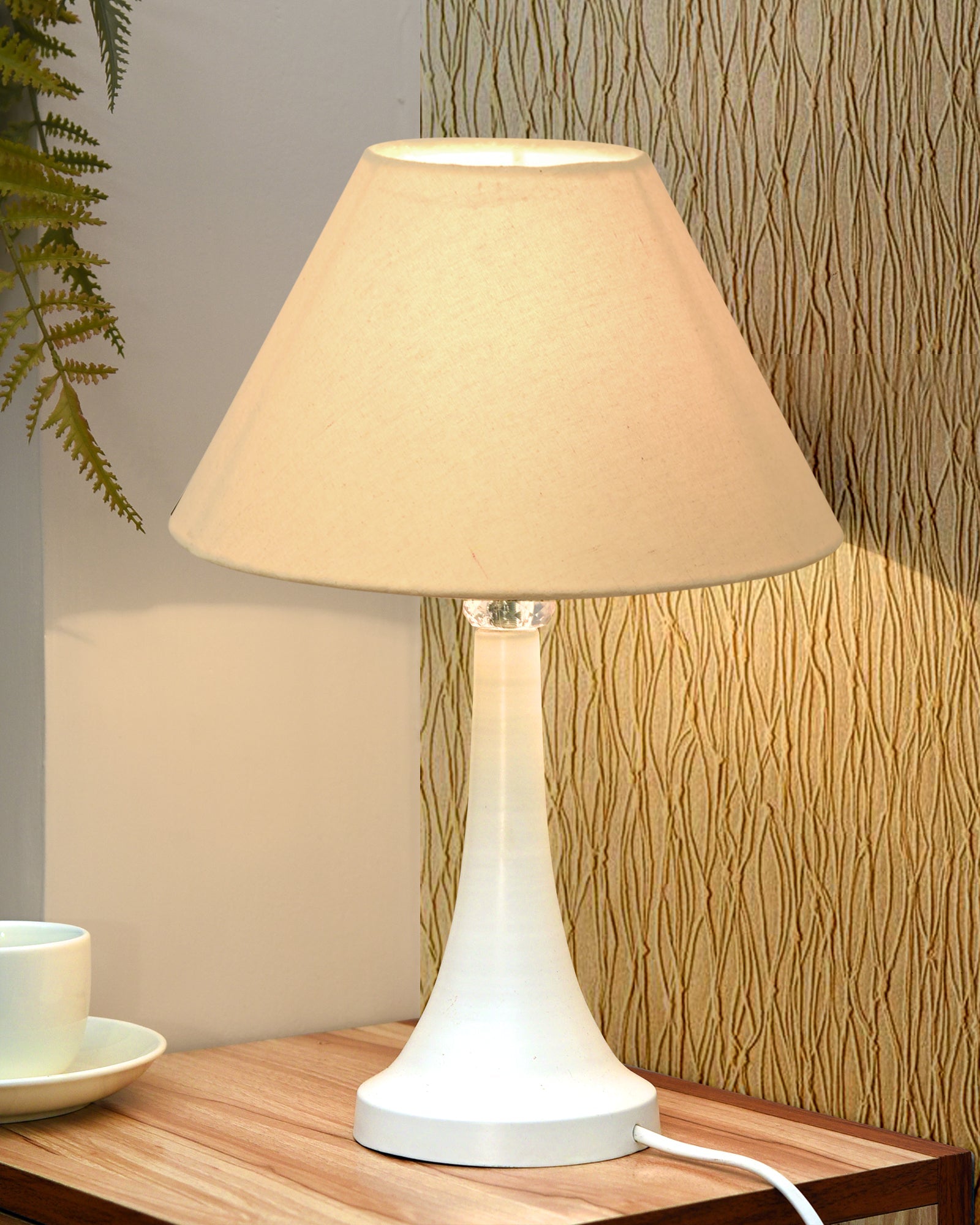 Farmhouse Matt Table Lamp for Bedroom, White Modern Bedside Lamps for Living Room, Rustic Table Light for Night Stands, Dorm, Office, Home Décor Fabric Shade, E27 holder, Cone, Iris Cone