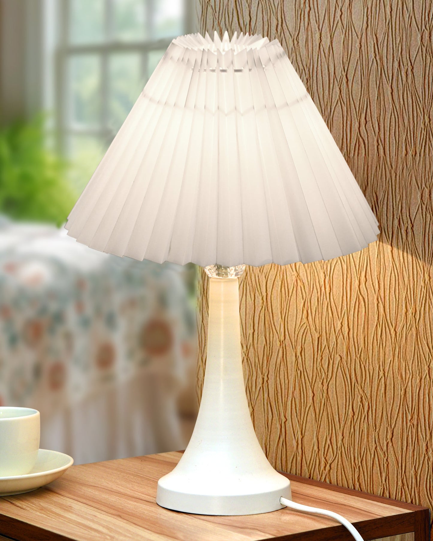 Farmhouse Matt Table Lamp for Bedroom, White Modern Bedside Lamps for Living Room, Rustic Table Light for Night Stands, Dorm, Office, Home Décor Fabric Shade, E27 holder, Cone, Iris Cone