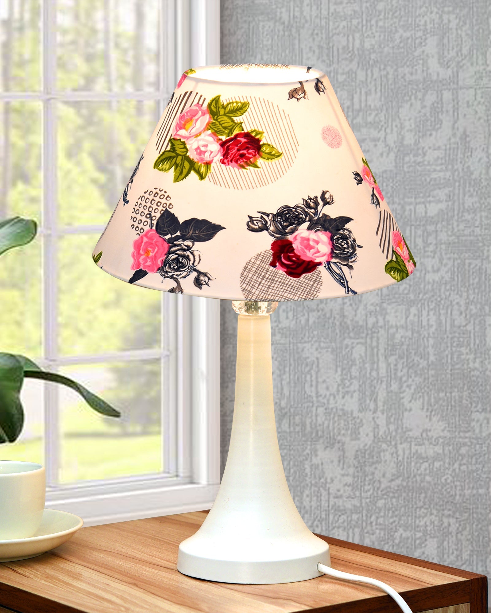 Farmhouse Matt Table Lamp for Bedroom, White Modern Bedside Lamps for Living Room, Rustic Table Light for Night Stands, Dorm, Office, Home Décor Fabric Shade, E27 holder, Cone, Iris Cone