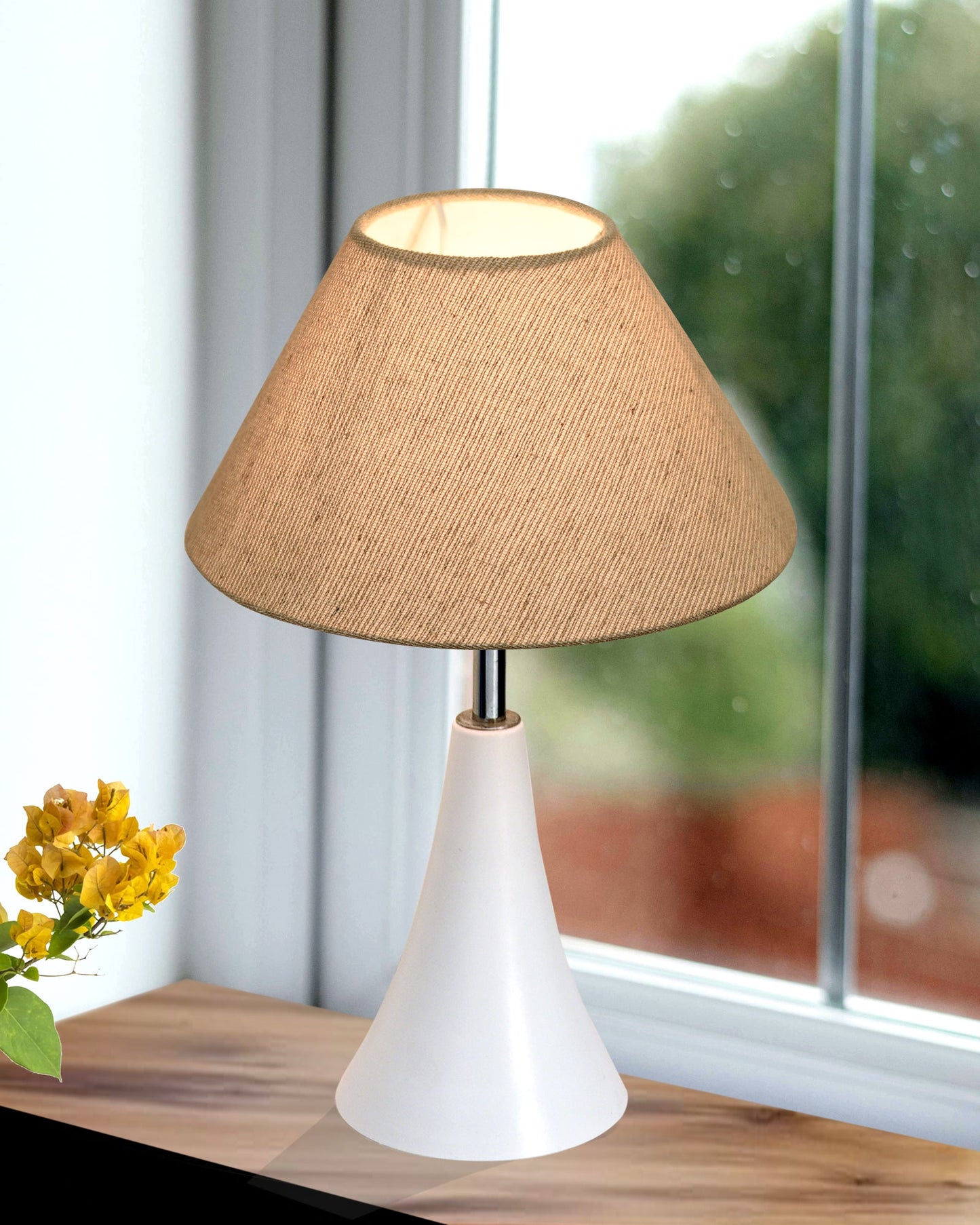 Farmhouse Matt Table Lamp for Bedroom, White Modern Bedside Lamps for Living Room, Rustic Table Light for Night Stands, Dorm, Office, Home Décor Fabric Shade, E27 holder, Inverto, Iris Cone