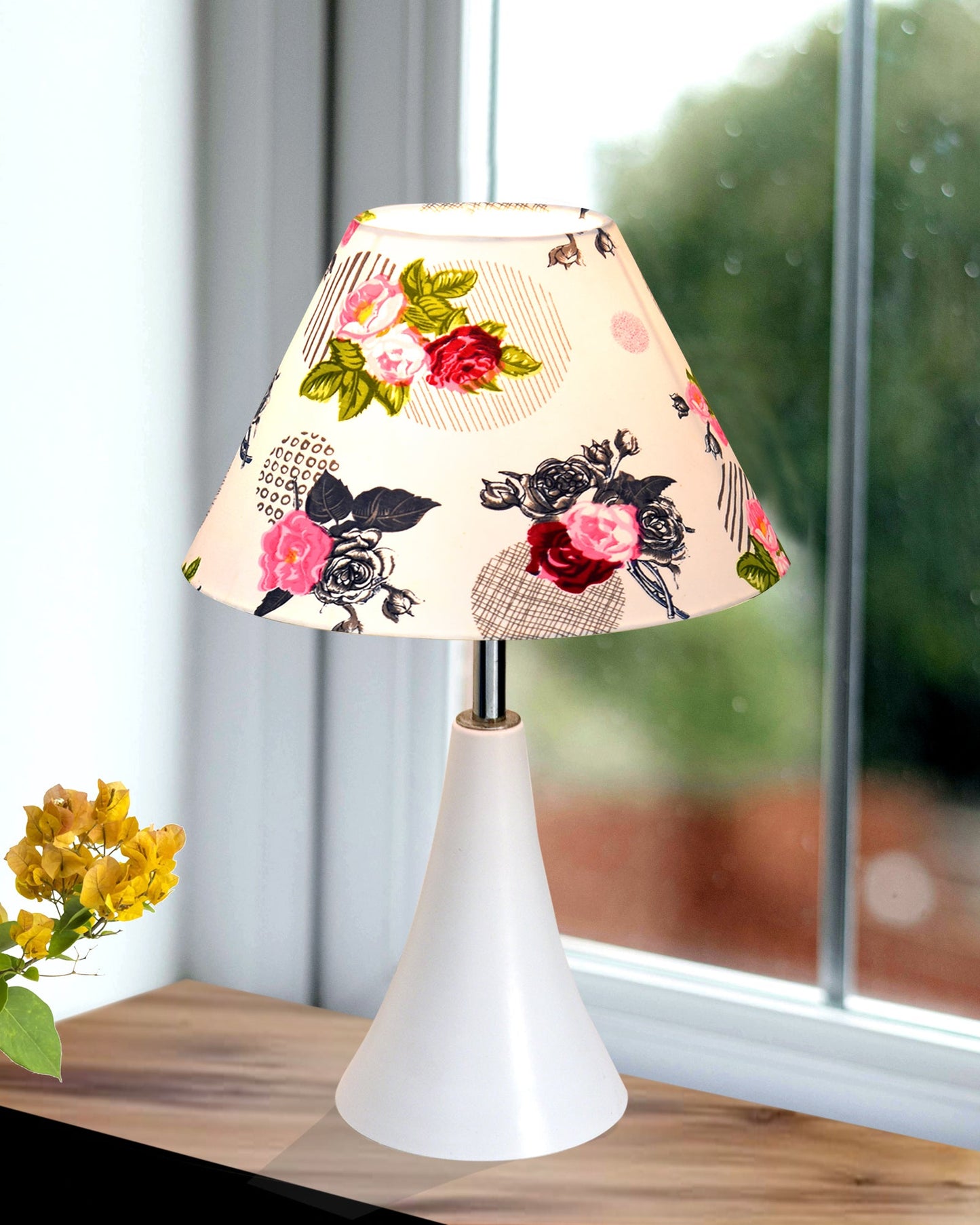 Farmhouse Matt Table Lamp for Bedroom, White Modern Bedside Lamps for Living Room, Rustic Table Light for Night Stands, Dorm, Office, Home Décor Fabric Shade, E27 holder, Inverto, Iris Cone