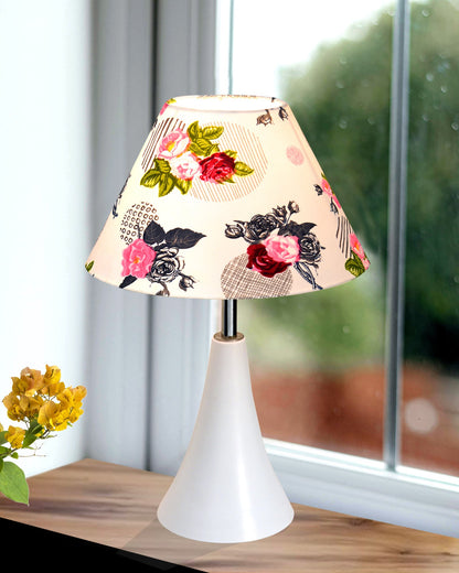 Farmhouse Matt Table Lamp for Bedroom, White Modern Bedside Lamps for Living Room, Rustic Table Light for Night Stands, Dorm, Office, Home Décor Fabric Shade, E27 holder, Inverto, Iris Cone