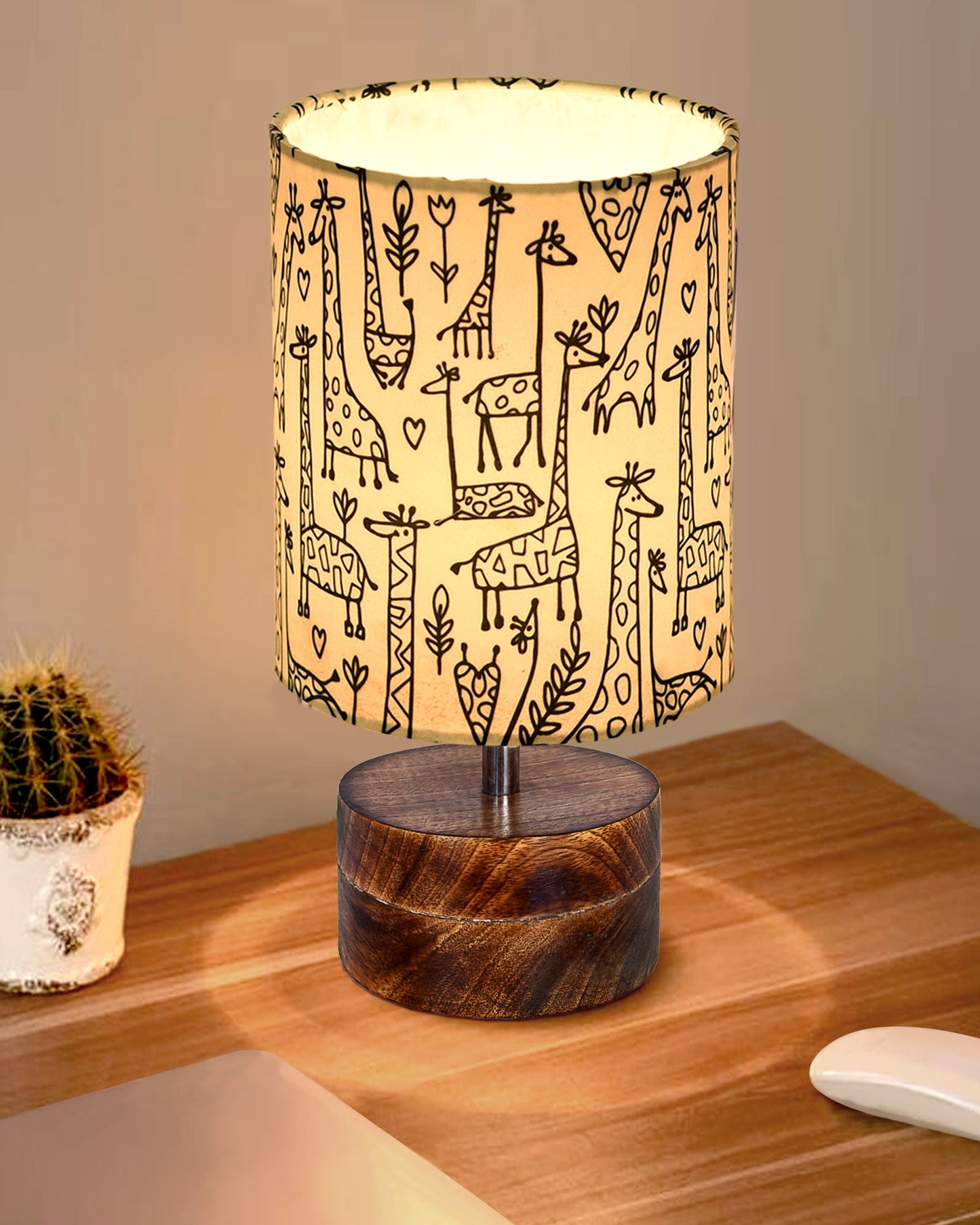 Modern Zen Wooden Lampshade Nightstand Lamps, Antique Base E27 Creative Reading Bedside Lamps Ideal for Bedroom, Rustic Cylinder, Bird Cylinder