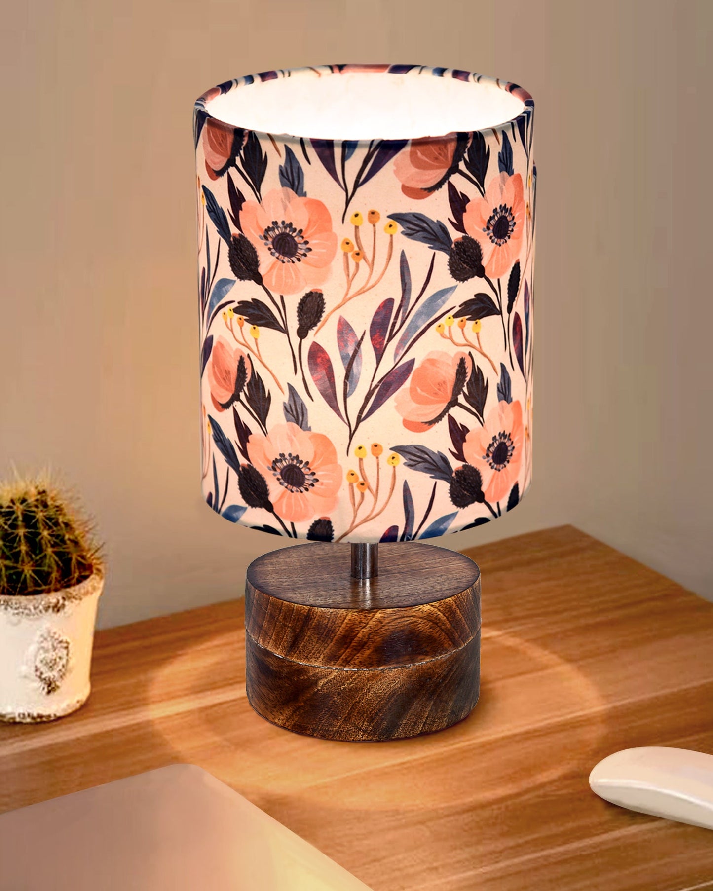 Modern Zen Wooden Lampshade Nightstand Lamps, Antique Base E27 Creative Reading Bedside Lamps Ideal for Bedroom, Rustic Cylinder, Bird Cylinder