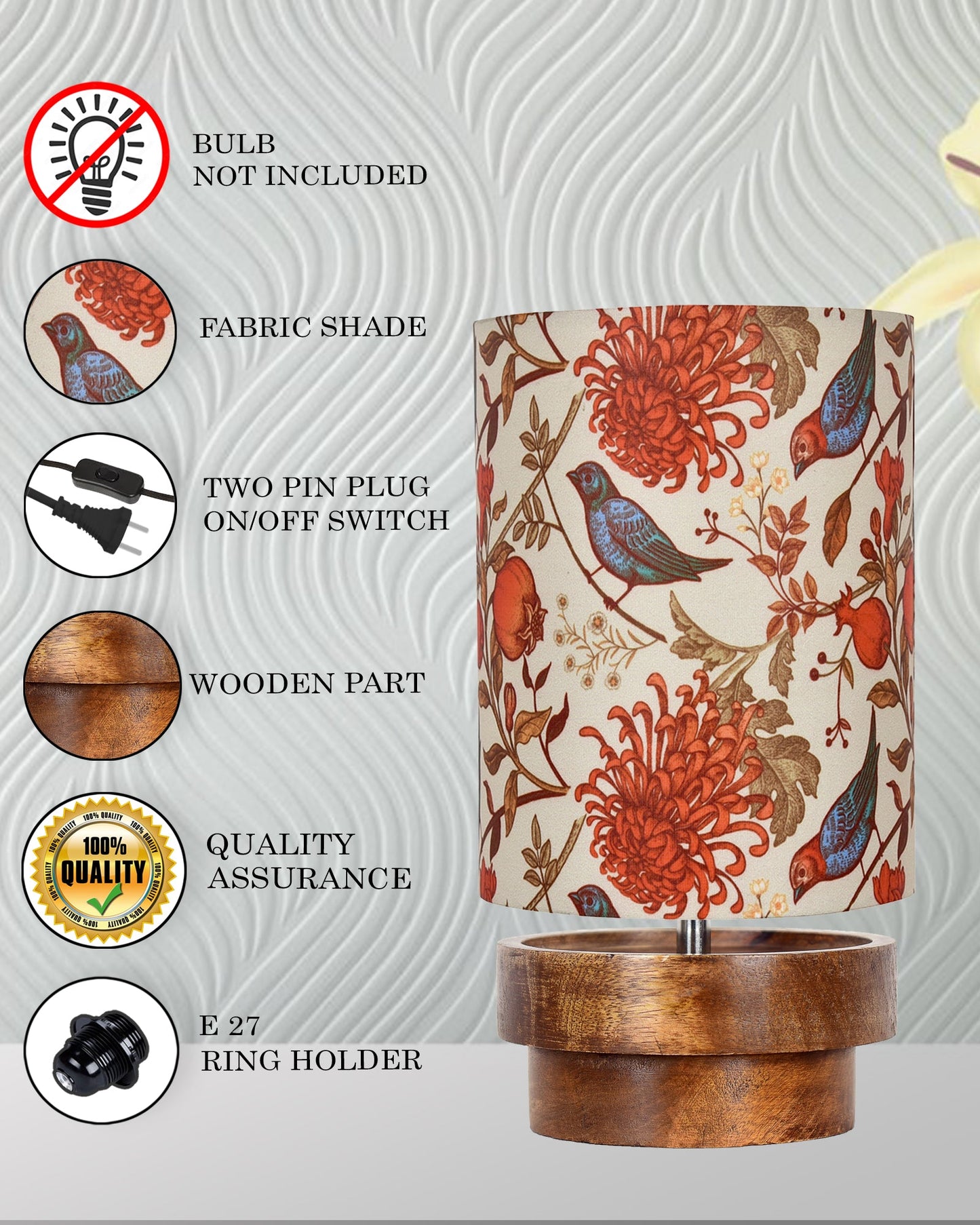 Modern Zen Wooden Lampshade Nightstand Lamps, Antique Base E27 Creative Reading Bedside Lamps Ideal for Bedroom, Concentric, Bird Cylinder