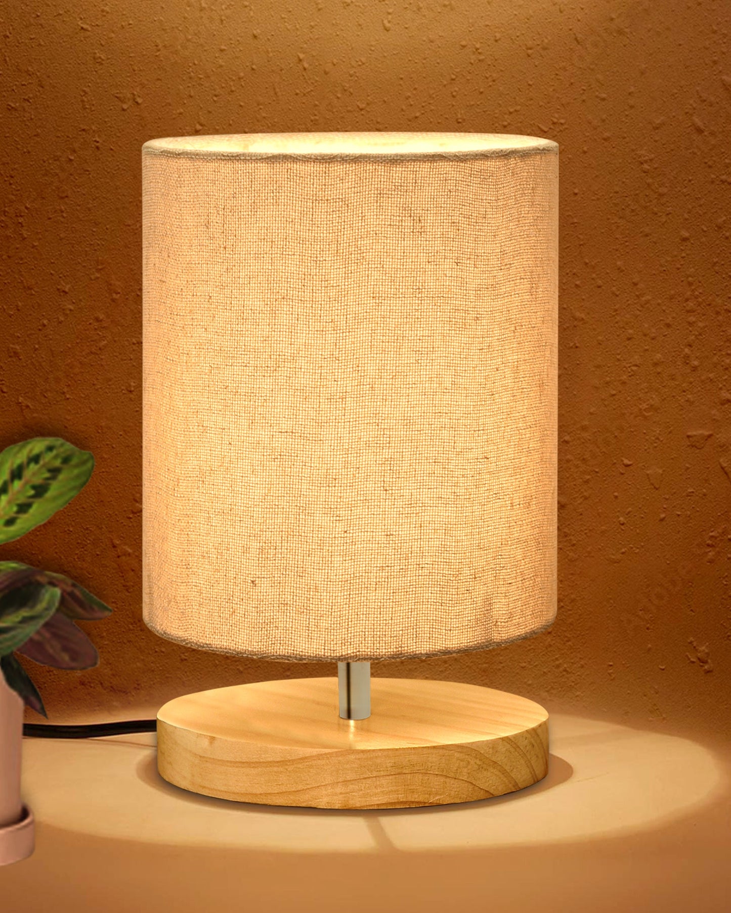 Pine Table Lamp-Wooden Bedside Lamp Simple Bedroom Light Linen Shade Mini Desk Lamp Nightstand Lamp for Bedroom,Living Room,Gift, Bird Cylinder