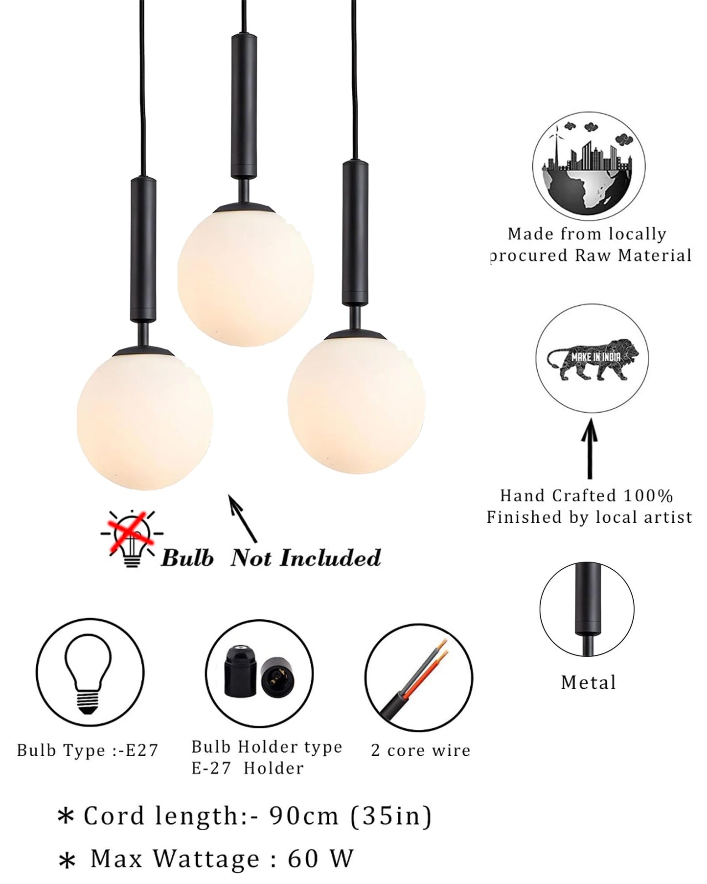 Chandelier Pendant Light, Retro Industrial Style Nordic Glass Hanging Ceiling Creative Bar Counter Decoration Restaurant Black Lighting with Metal Tube, Frosty Globe