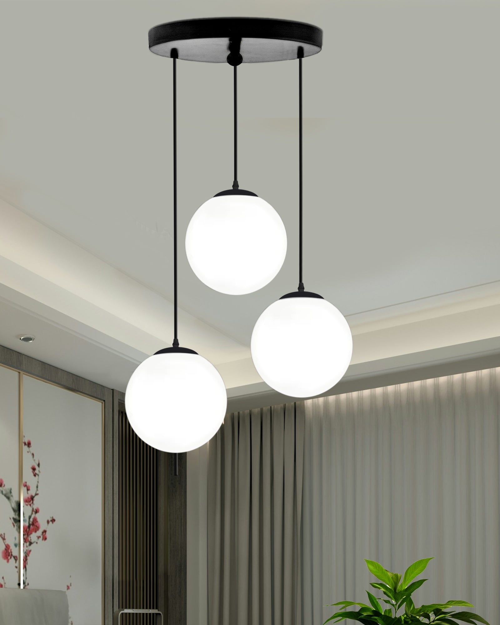 Chandelier Pendant Light, Retro Industrial Style Nordic Glass Hanging Ceiling Creative Bar Counter Decoration Restaurant Black Lighting with Metal Tube, Frosty Globe