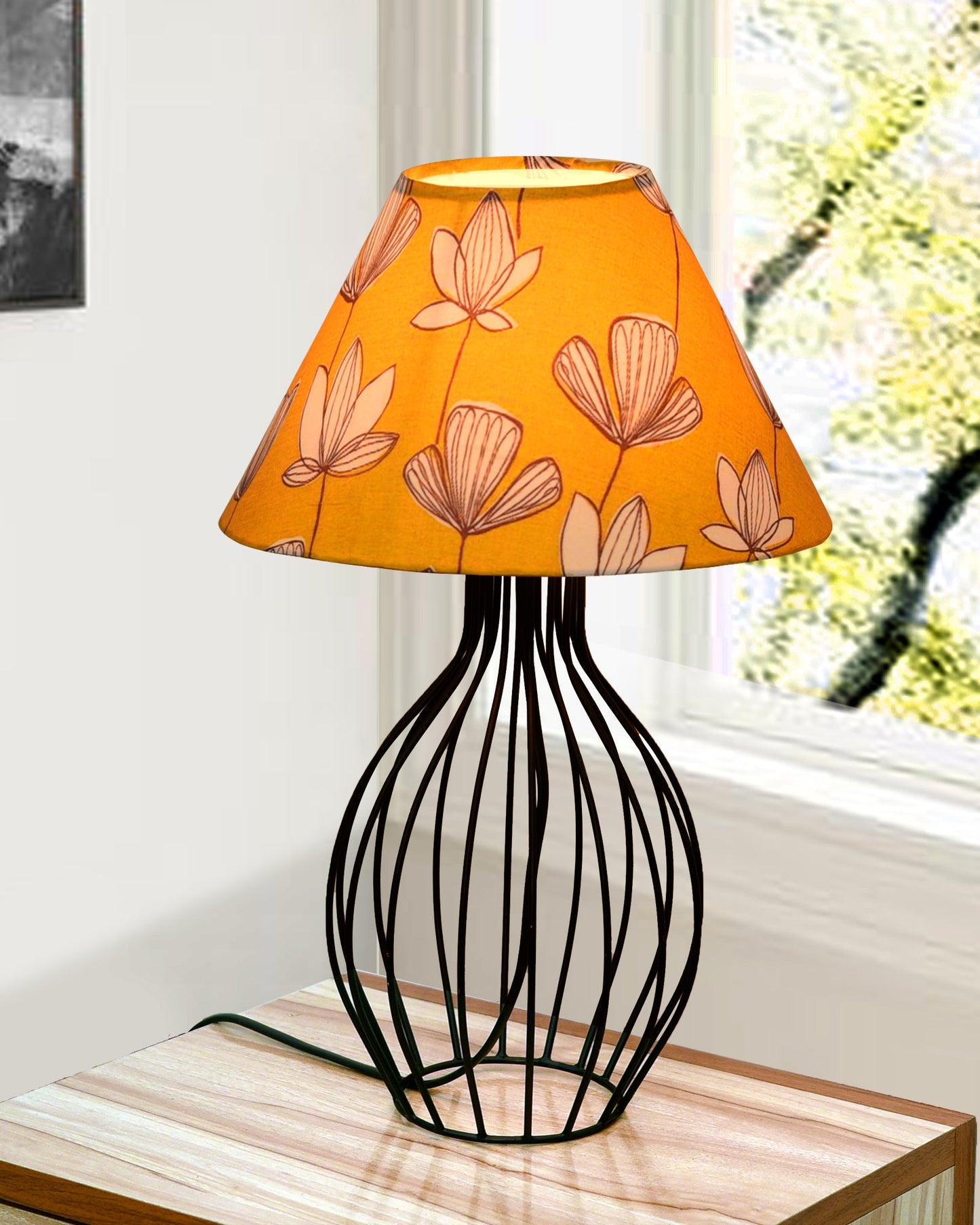 Black Bedside Table Lamp,Small Nightstand Lamp for Bedroom,Modern Desk Lamp with Fabric Shade Geometric Metal Base for Living Room Study Office Farmhouse, Wire Trumpet, Hibiscus Cone