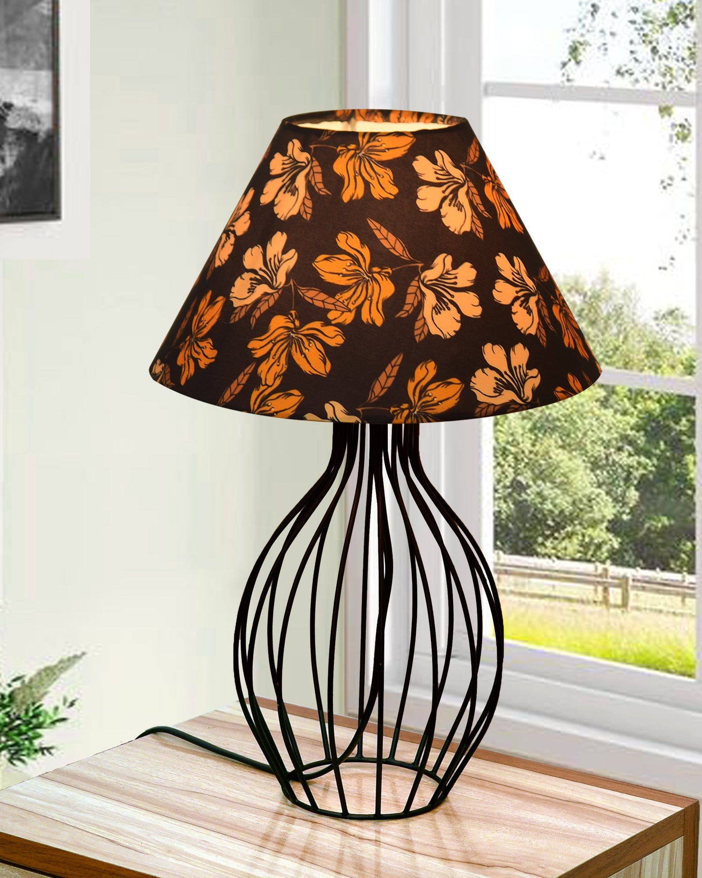 Black Bedside Table Lamp,Small Nightstand Lamp for Bedroom,Modern Desk Lamp with Fabric Shade Geometric Metal Base for Living Room Study Office Farmhouse, Wire Trumpet, Hibiscus Cone