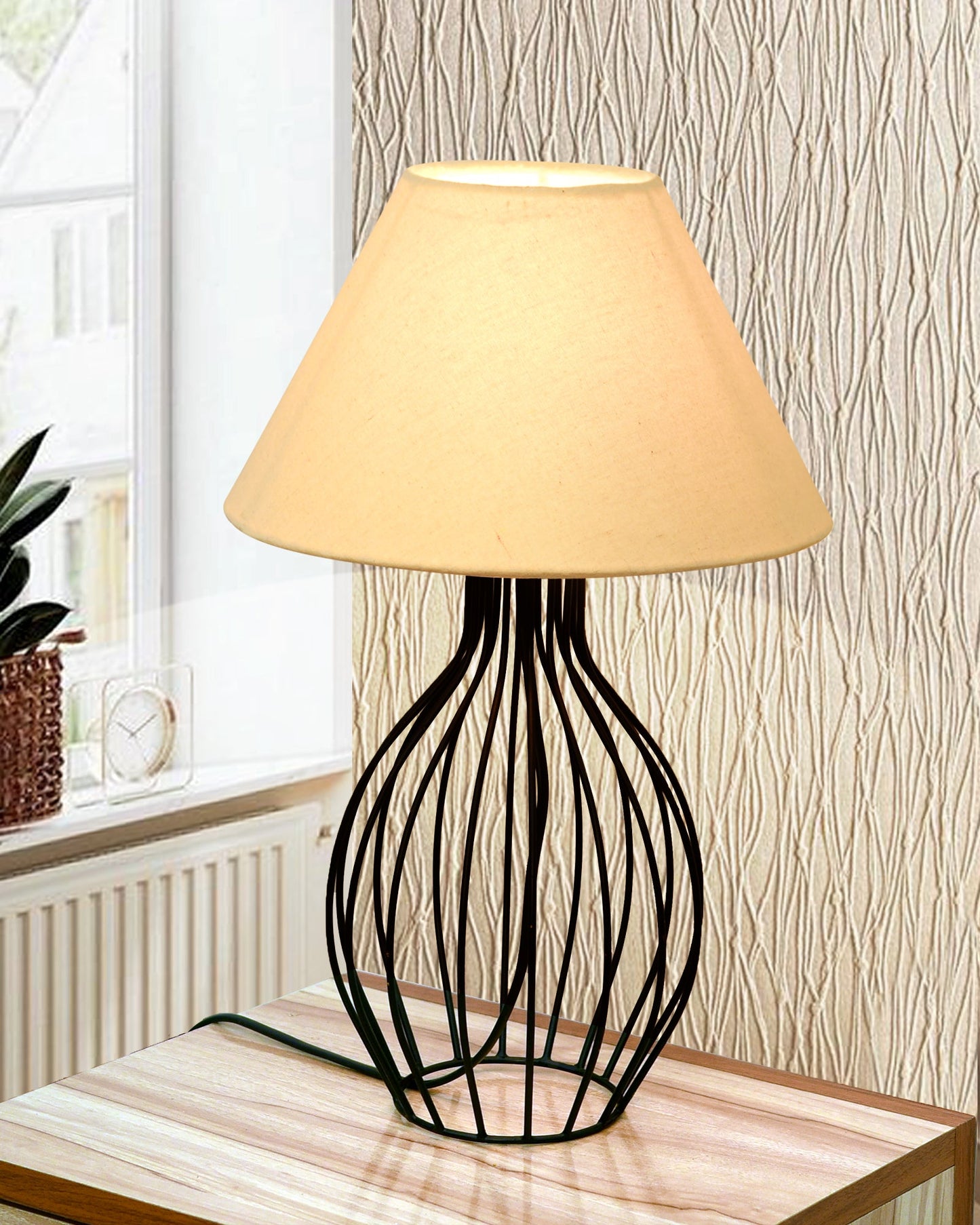 Black Bedside Table Lamp,Small Nightstand Lamp for Bedroom,Modern Desk Lamp with Fabric Shade Geometric Metal Base for Living Room Study Office Farmhouse, Wire Trumpet, Hibiscus Cone