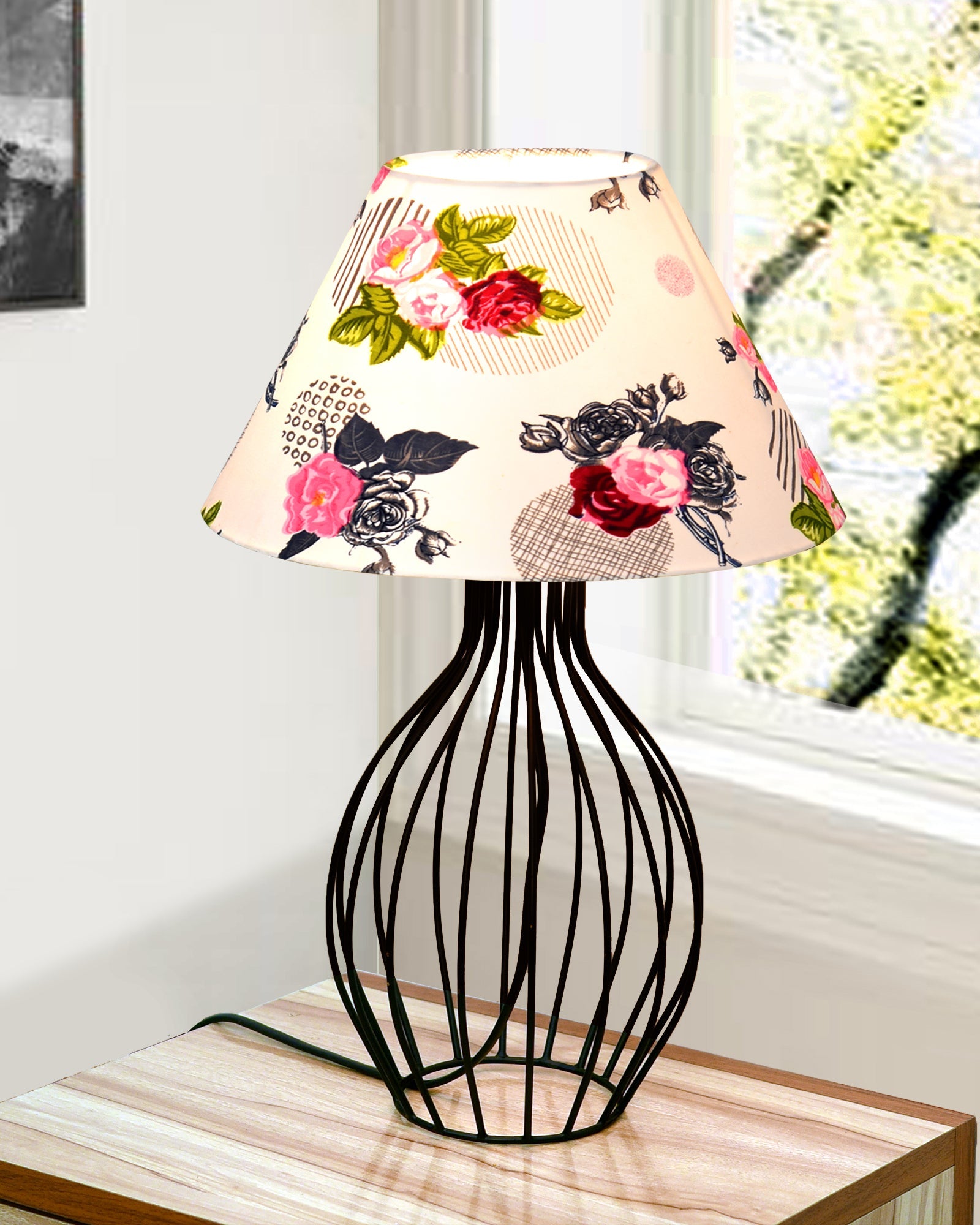 Black Bedside Table Lamp,Small Nightstand Lamp for Bedroom,Modern Desk Lamp with Fabric Shade Geometric Metal Base for Living Room Study Office Farmhouse, Wire Trumpet, Hibiscus Cone