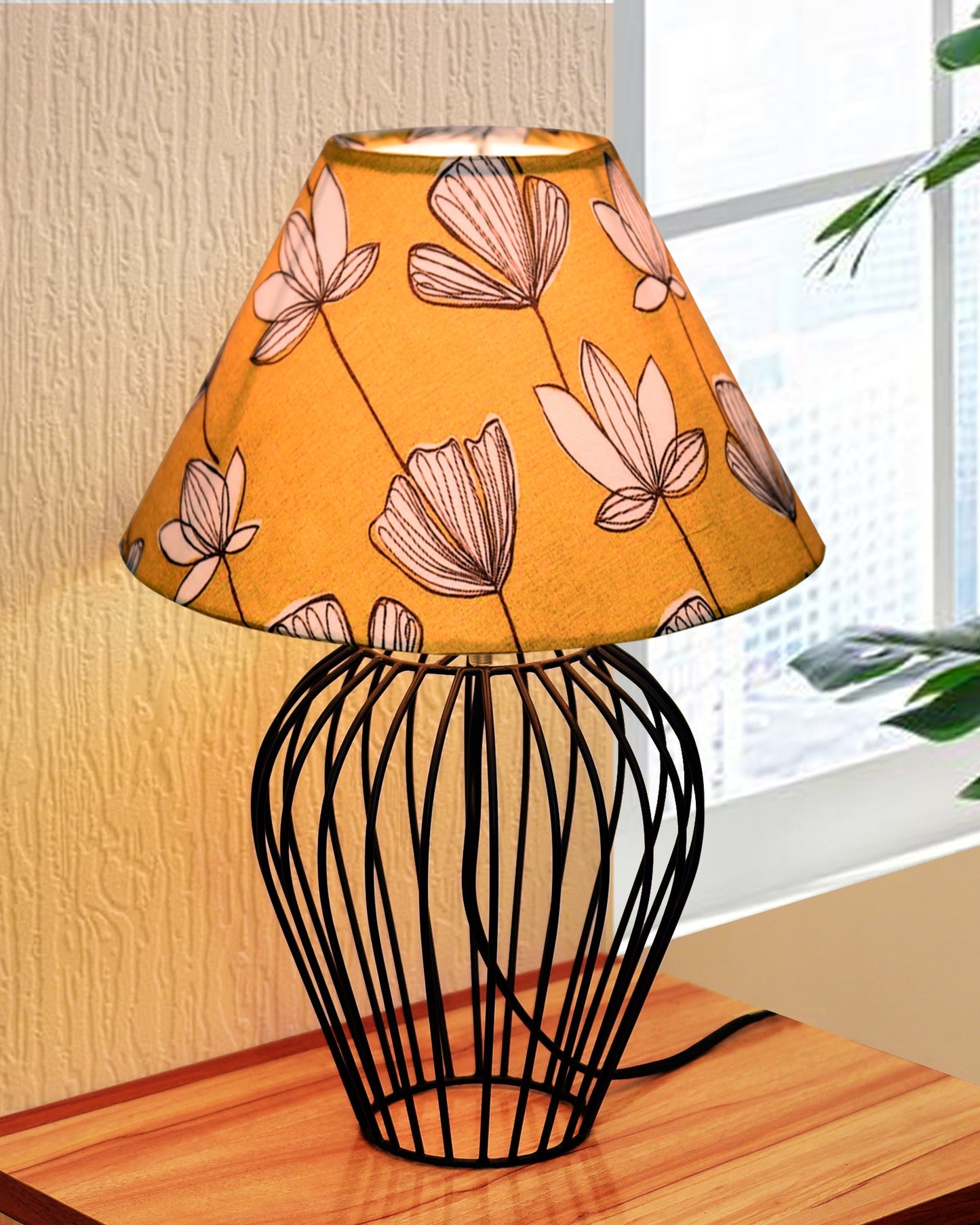 Black Bedside Table Lamp,Small Nightstand Lamp for Bedroom,Modern Desk Lamp with Fabric Shade Geometric Metal Base for Living Room Study Office Farmhouse, Wire Tulip, Hibiscus Cone