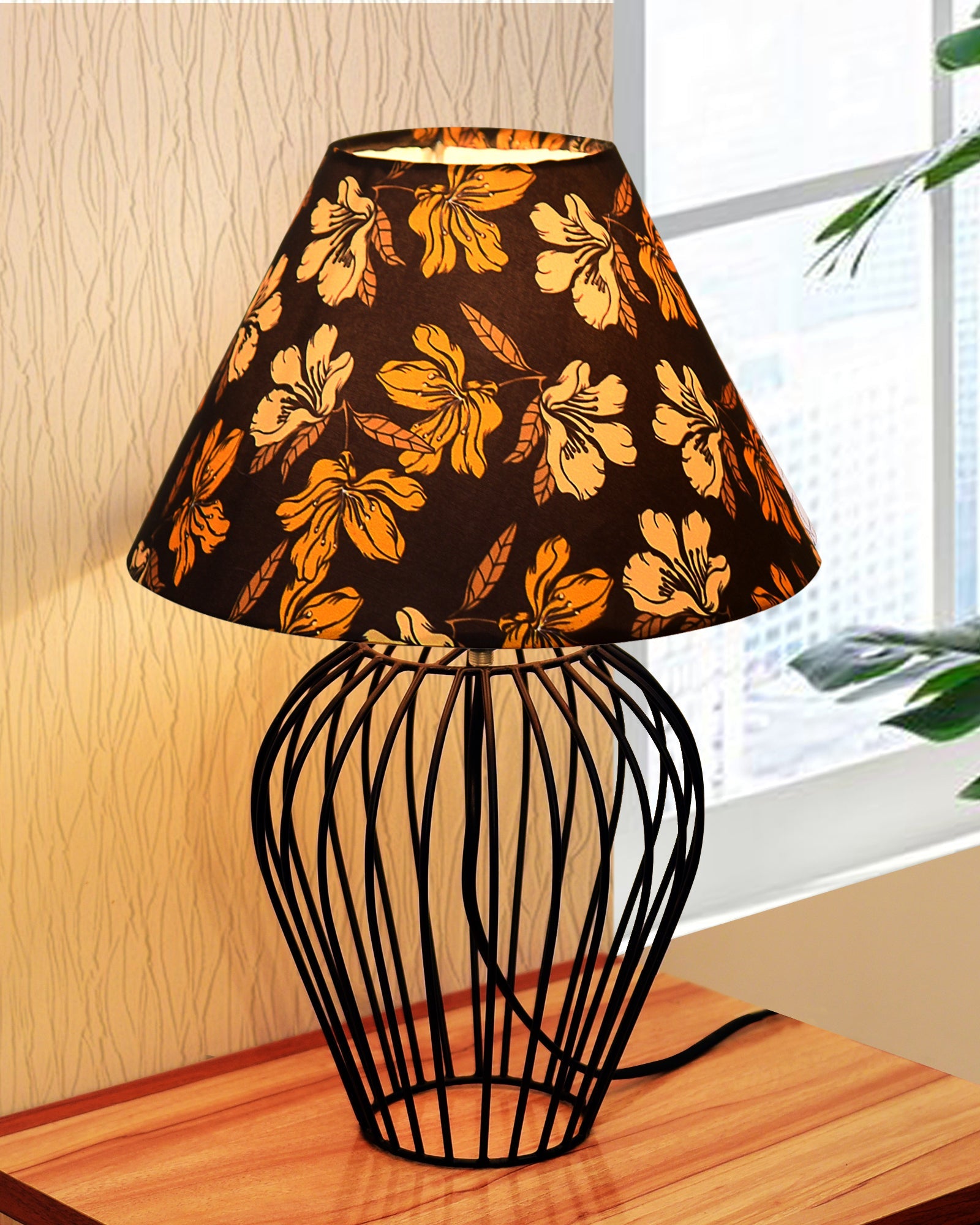 Black Bedside Table Lamp,Small Nightstand Lamp for Bedroom,Modern Desk Lamp with Fabric Shade Geometric Metal Base for Living Room Study Office Farmhouse, Wire Tulip, Hibiscus Cone