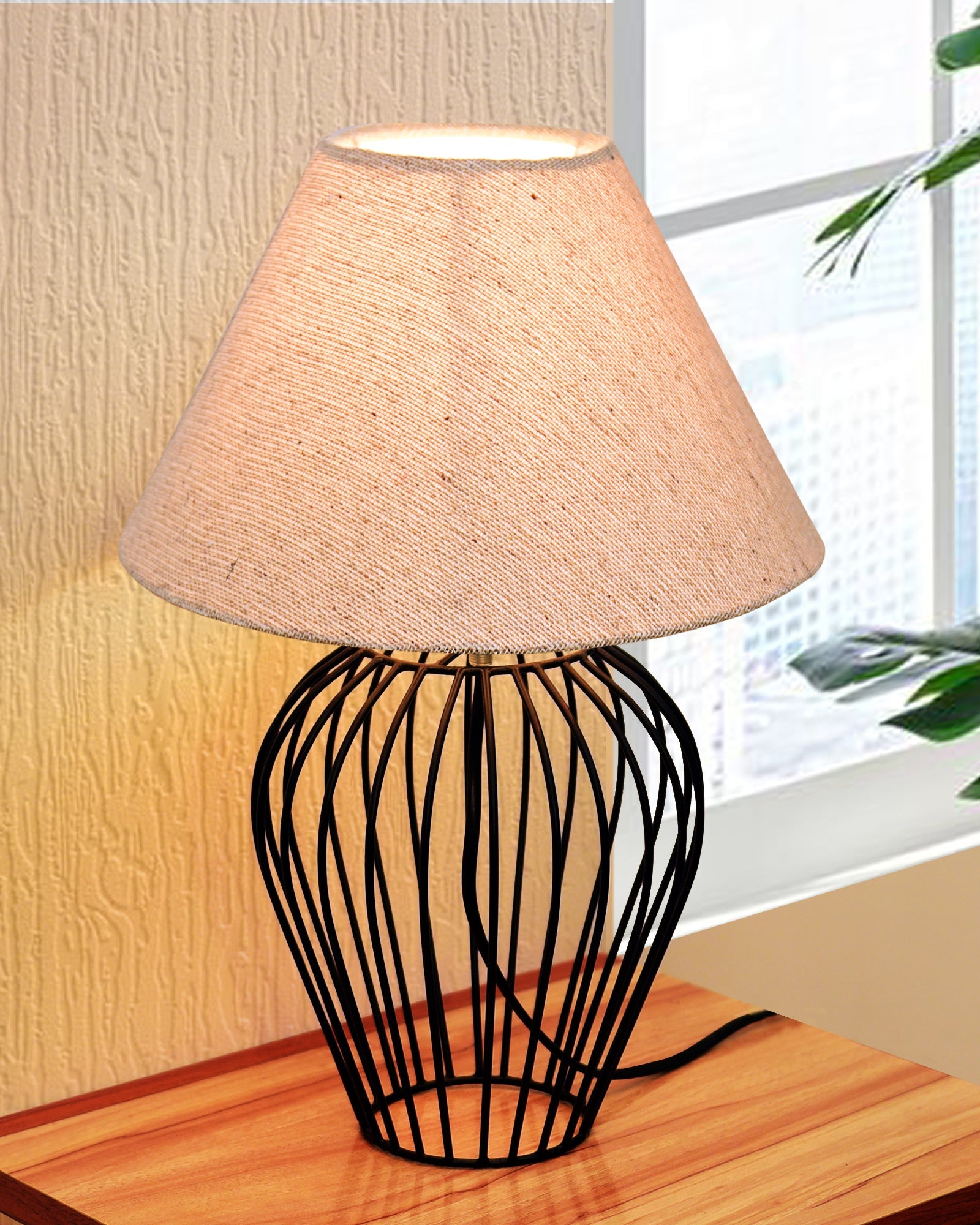 Black Bedside Table Lamp,Small Nightstand Lamp for Bedroom,Modern Desk Lamp with Fabric Shade Geometric Metal Base for Living Room Study Office Farmhouse, Wire Tulip, Hibiscus Cone