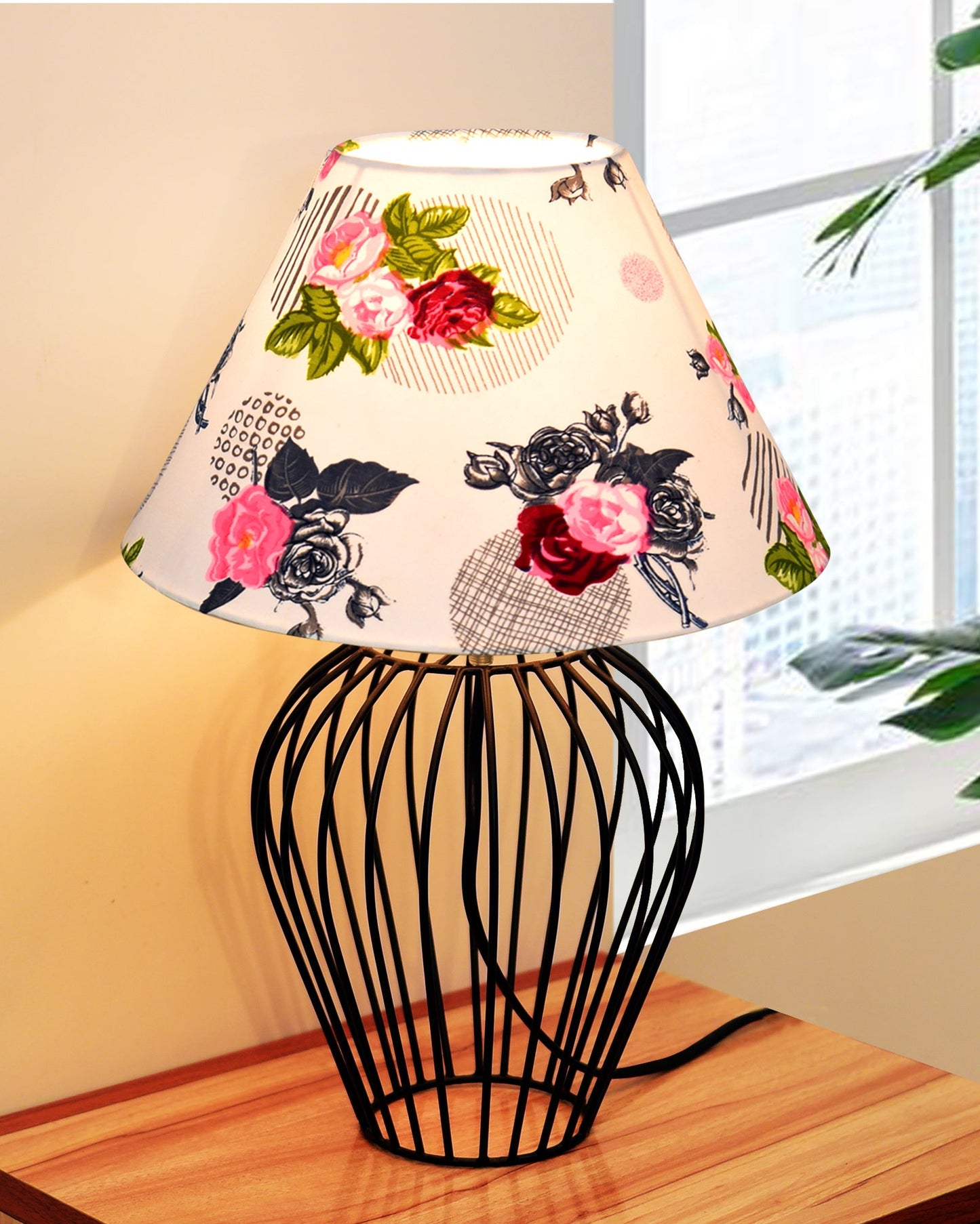 Black Bedside Table Lamp,Small Nightstand Lamp for Bedroom,Modern Desk Lamp with Fabric Shade Geometric Metal Base for Living Room Study Office Farmhouse, Wire Tulip, Hibiscus Cone