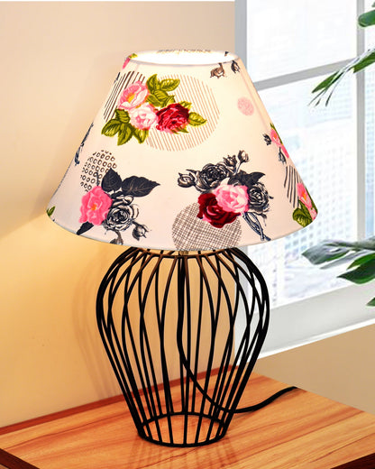 Black Bedside Table Lamp,Small Nightstand Lamp for Bedroom,Modern Desk Lamp with Fabric Shade Geometric Metal Base for Living Room Study Office Farmhouse, Wire Tulip, Hibiscus Cone