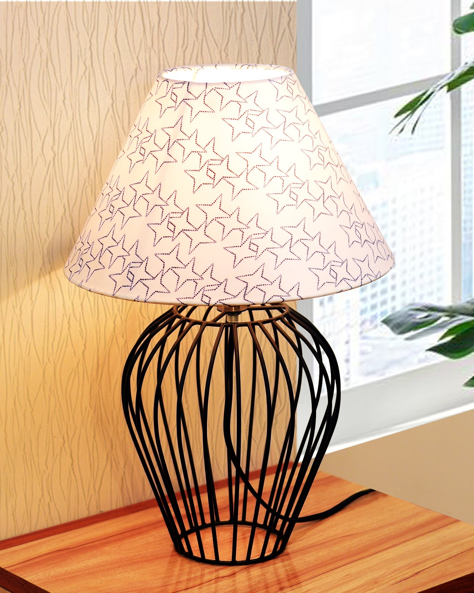 Black Bedside Table Lamp,Small Nightstand Lamp for Bedroom,Modern Desk Lamp with Fabric Shade Geometric Metal Base for Living Room Study Office Farmhouse, Wire Tulip, Hibiscus Cone
