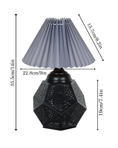 Black Turkish Table Lamp,Small Nightstand Bedside Lamp for Bedroom,Modern Desk Lamp with Fabric Shade Jaali Metal Base for Living Room Study Office Farmhouse, Hexa Base, Pleated Grey Shade