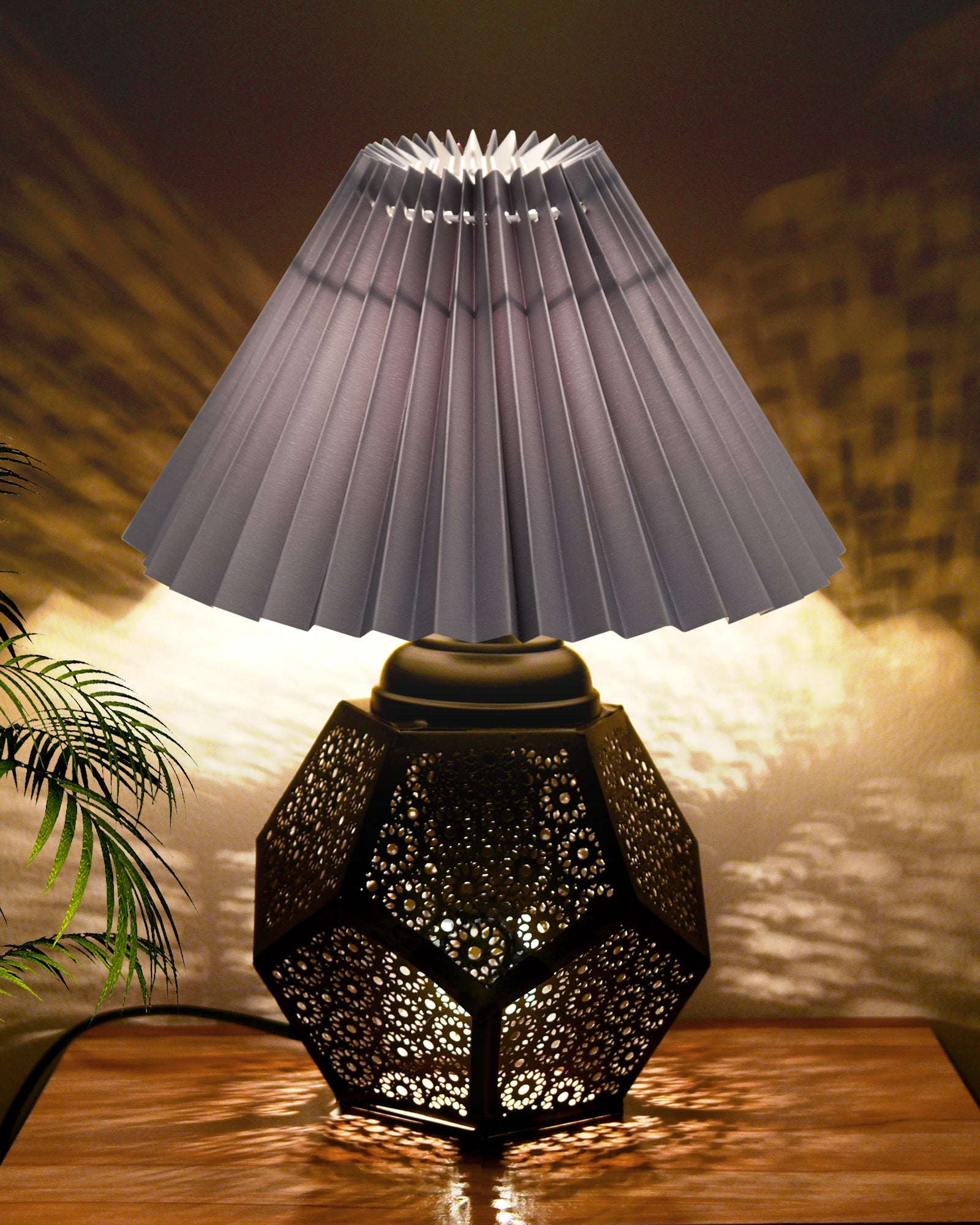 Black Turkish Table Lamp,Small Nightstand Bedside Lamp for Bedroom,Modern Desk Lamp with Fabric Shade Jaali Metal Base for Living Room Study Office Farmhouse, Hexa Base, Pleated Grey Shade