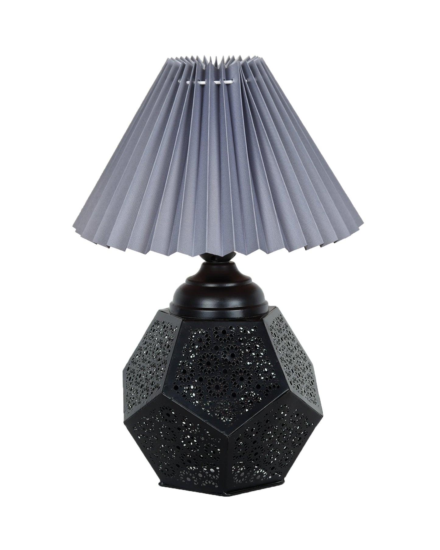 Black Turkish Table Lamp,Small Nightstand Bedside Lamp for Bedroom,Modern Desk Lamp with Fabric Shade Jaali Metal Base for Living Room Study Office Farmhouse, Hexa Base, Pleated Grey Shade