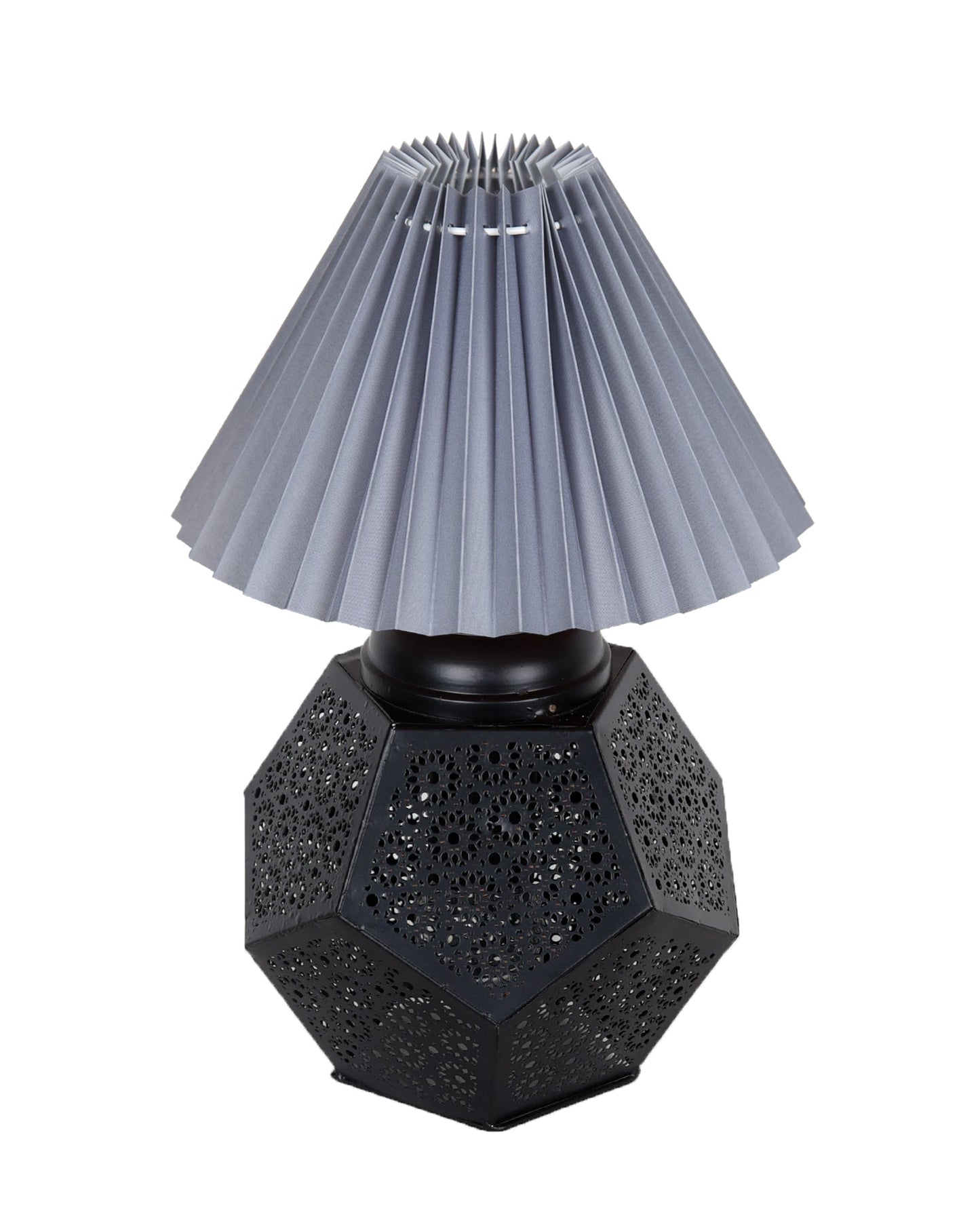 Black Turkish Table Lamp,Small Nightstand Bedside Lamp for Bedroom,Modern Desk Lamp with Fabric Shade Jaali Metal Base for Living Room Study Office Farmhouse, Hexa Base, Pleated Grey Shade
