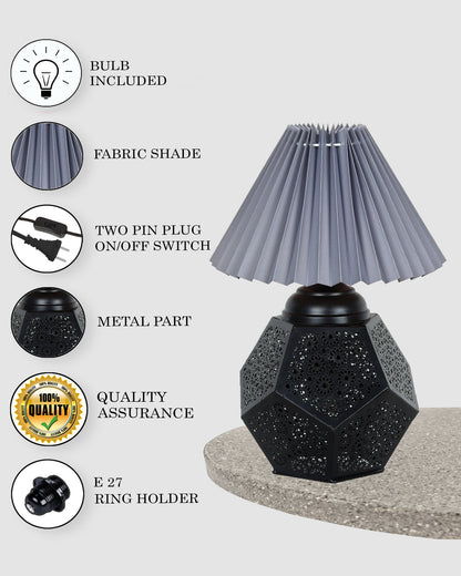 Black Turkish Table Lamp,Small Nightstand Bedside Lamp for Bedroom,Modern Desk Lamp with Fabric Shade Jaali Metal Base for Living Room Study Office Farmhouse, Hexa Base, Pleated Grey Shade