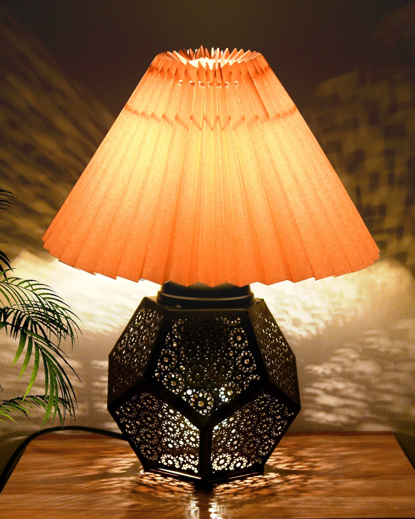 Black Turkish Table Lamp,Small Nightstand Bedside Lamp for Bedroom,Modern Desk Lamp with Fabric Shade Jaali Metal Base for Living Room Study Office Farmhouse, Hexa Base, Pleated Grey Shade