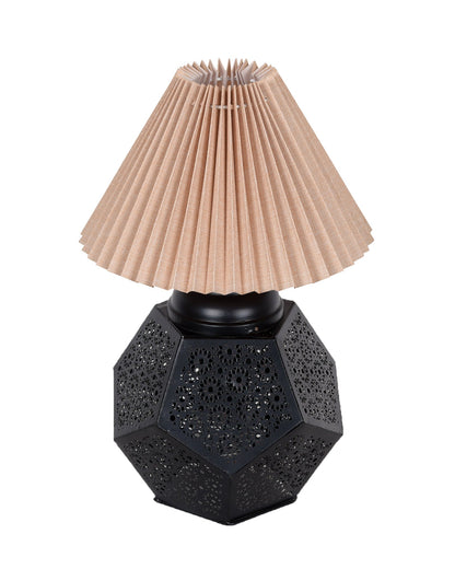 Black Turkish Table Lamp,Small Nightstand Bedside Lamp for Bedroom,Modern Desk Lamp with Fabric Shade Jaali Metal Base for Living Room Study Office Farmhouse, Hexa Base, Pleated Grey Shade
