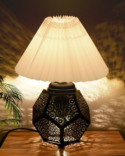 Black Turkish Table Lamp,Small Nightstand Bedside Lamp for Bedroom,Modern Desk Lamp with Fabric Shade Jaali Metal Base for Living Room Study Office Farmhouse, Hexa Base, Pleated Grey Shade