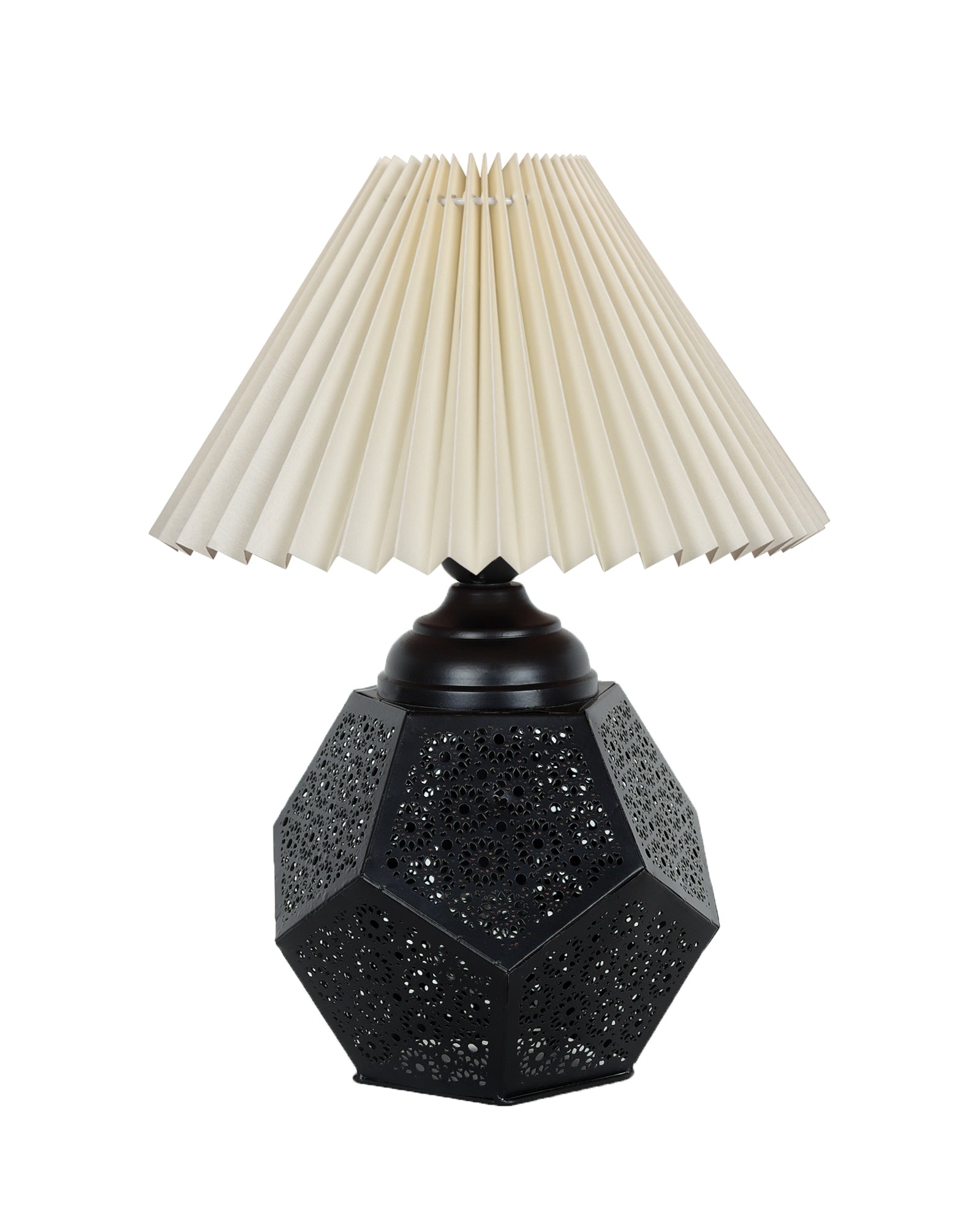 Black Turkish Table Lamp,Small Nightstand Bedside Lamp for Bedroom,Modern Desk Lamp with Fabric Shade Jaali Metal Base for Living Room Study Office Farmhouse, Hexa Base, Pleated Grey Shade