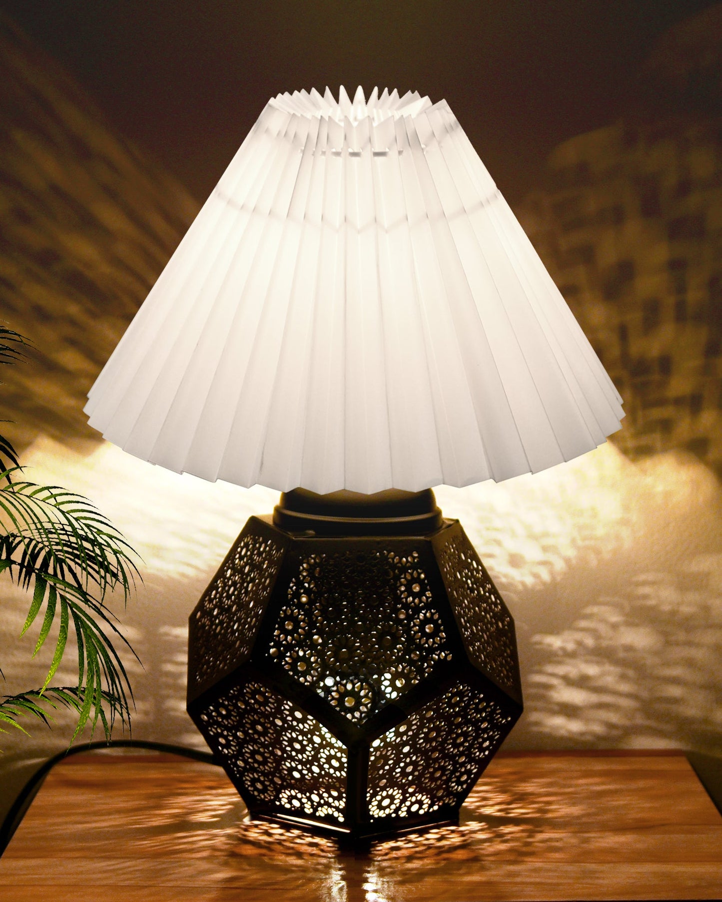 Black Turkish Table Lamp,Small Nightstand Bedside Lamp for Bedroom,Modern Desk Lamp with Fabric Shade Jaali Metal Base for Living Room Study Office Farmhouse, Hexa Base, Pleated Grey Shade