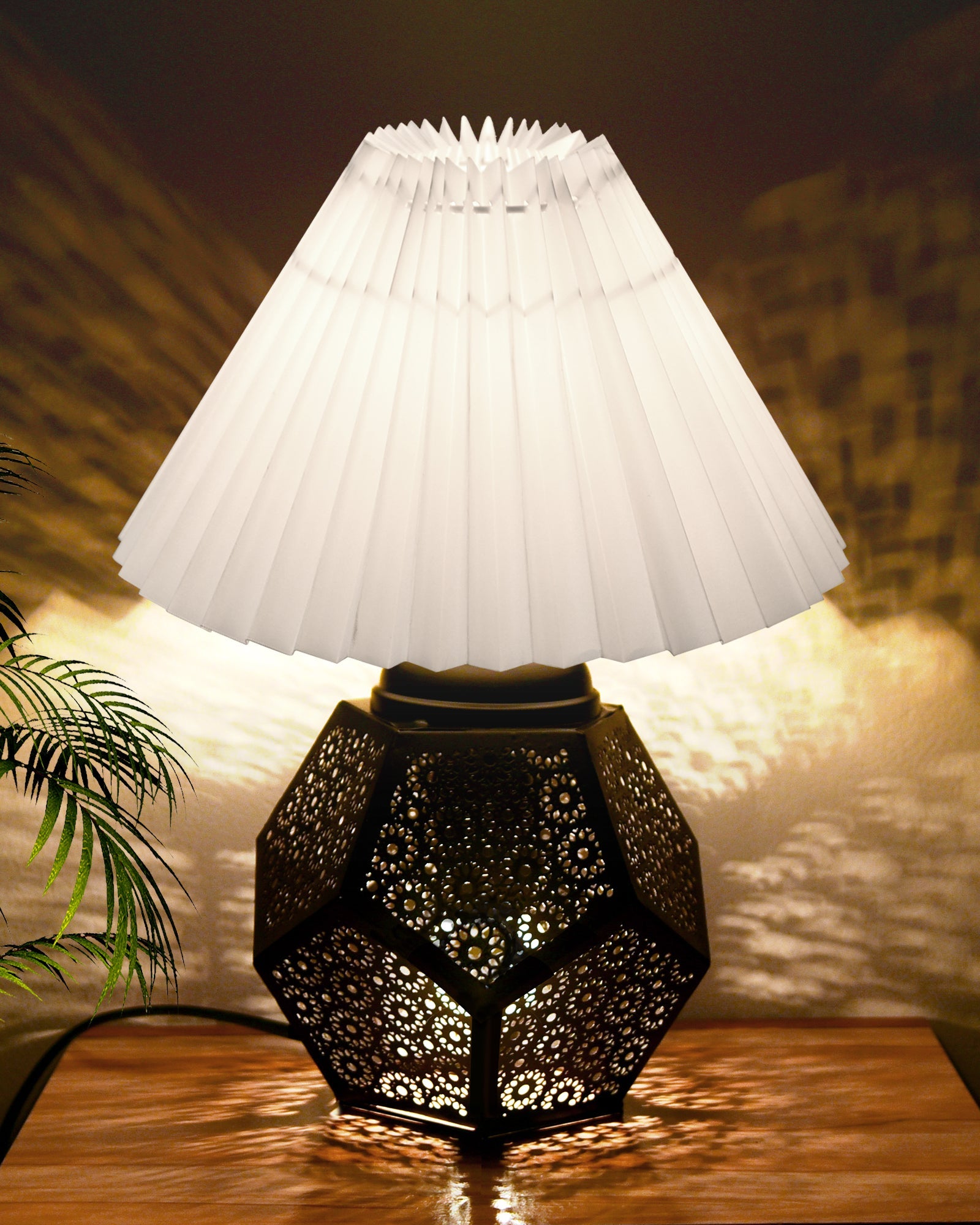 Black Turkish Table Lamp,Small Nightstand Bedside Lamp for Bedroom,Modern Desk Lamp with Fabric Shade Jaali Metal Base for Living Room Study Office Farmhouse, Hexa Base, Pleated Grey Shade